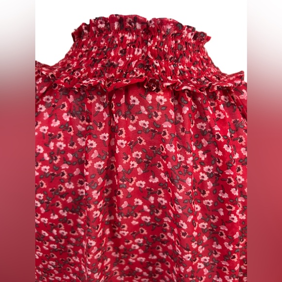 GAP Red & White Dainty Floral Chiffon Long Sleeve Mock Neck Ruffle Blouse XS - Picture 5 of 8